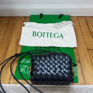 Bottega Veneta Navy Mini Drop Loop Intrecciato Leather Gold Knot Crossbody Bag